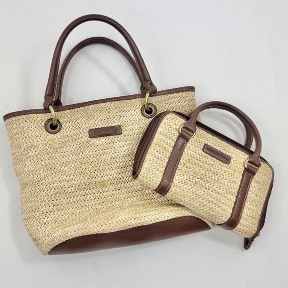 Connections Cream Woven Brown Faux Leather Two Piece Coastal Wallet Handbag Set - Picture 2 of 16